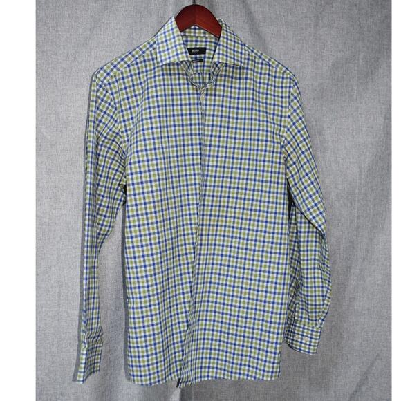 Hugo Boss Green Blue Check Dress Shirt Size L (16) Slim Fit - Picture 1 of 2